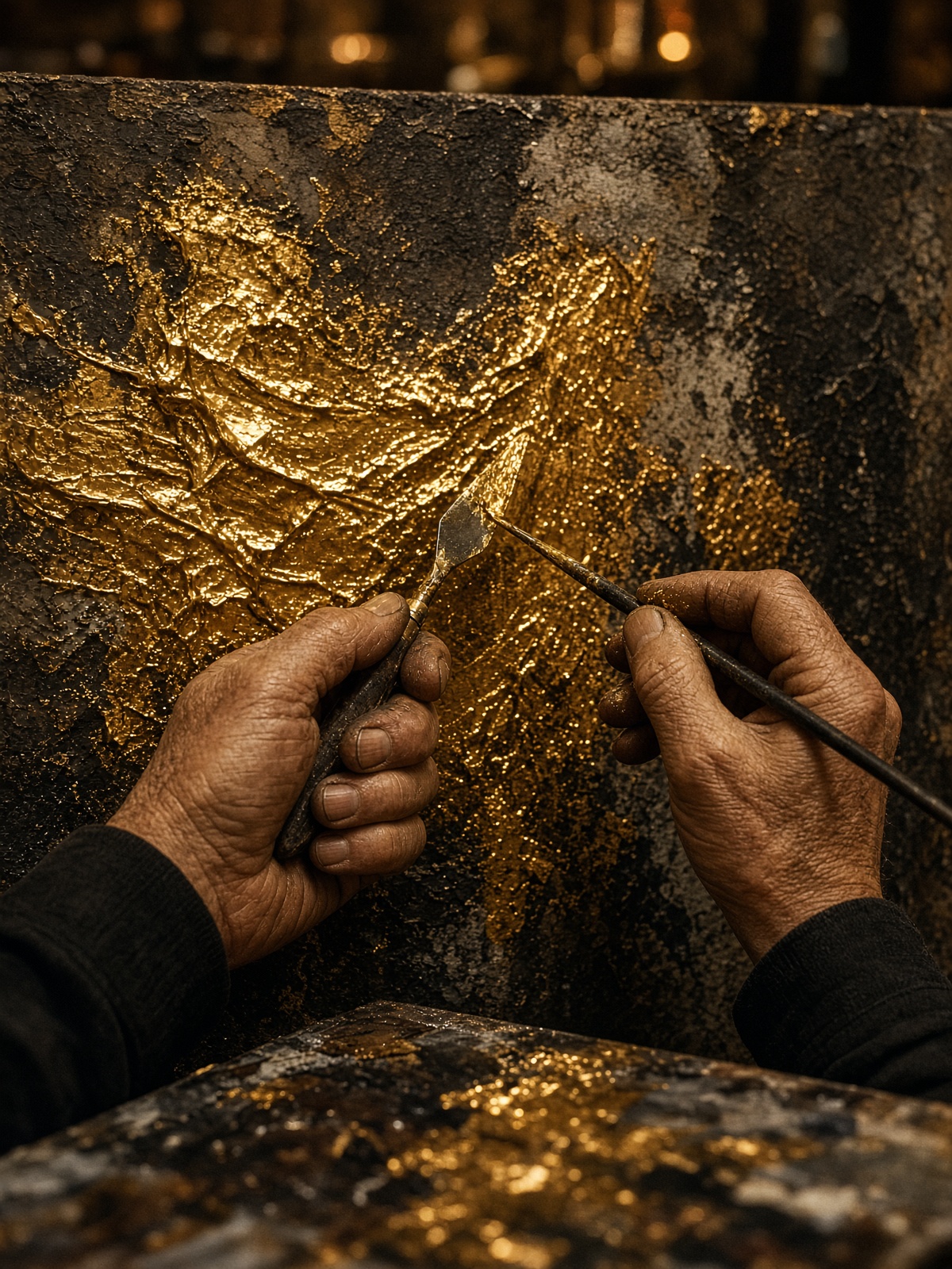 A man's hands painting wet gold acrylic on canvas